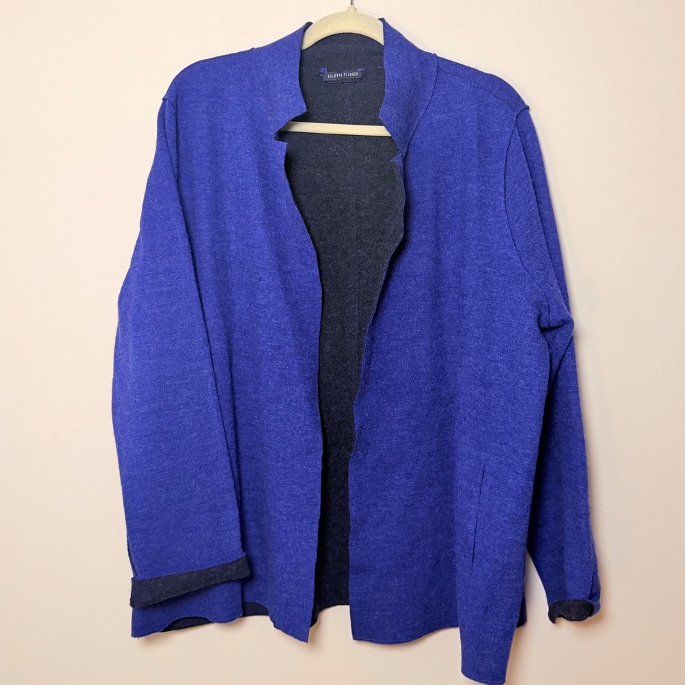 Eileen Fisher Merino Wool Blue Open Cardigan Sweater Women's SZ L Fall Cozy